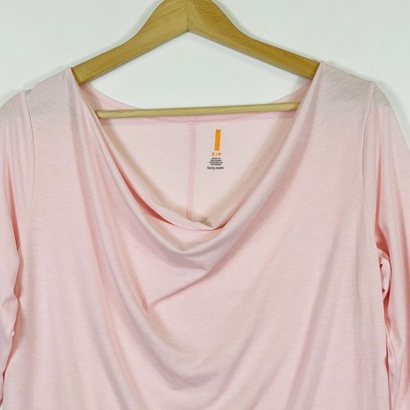 Lucy Pink Cowl Neck Semi Sheer Long Sleeve Jersey Tee Shirt Top Womens Small - Picture 2 of 6
